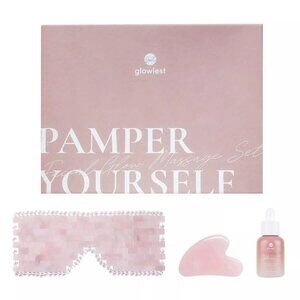 GLOWIEST Facial Glow Massage Set Rose Quartz Gua Sha & Eye Mask & Essence NEW